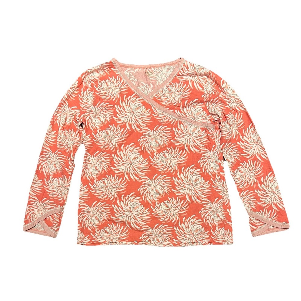 Garnet Hill Asian Wrap Pajama Top Organic Cotton Size Small Coral Long Sleeve